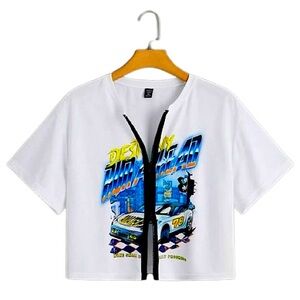 SHEIN EZwear Plus Car & Letter Graphic Zip Front Crop Tee